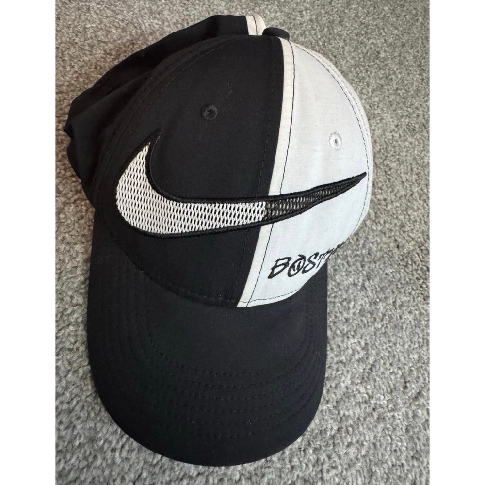 Nike Boston Baseball Hat Cap Black White Split Mesh Swoosh Mens Gym Adjustable